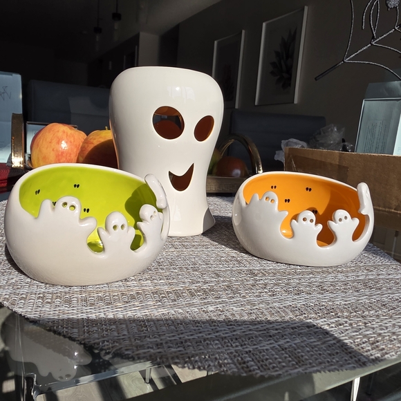 PartyLite Halloween Ghost Candle Holders - White, Orange, Green - Picture 2 of 3